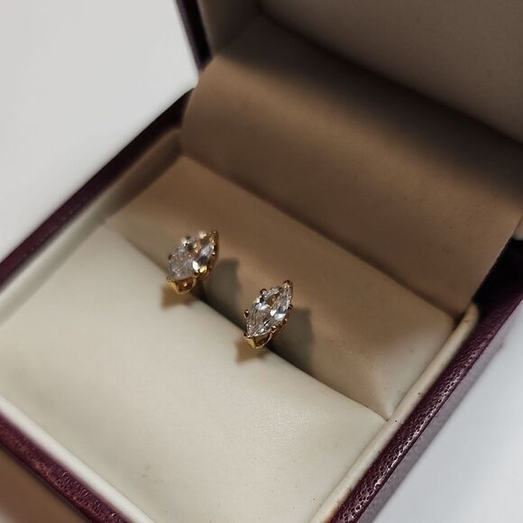 Gold Tone Marquise Cut Stud Earrings CZ - Picture 3 of 4